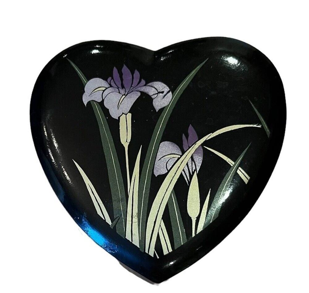 Vtg Asahi Japan Plastic Floral Trinket Box Irises Metallic Paint 4”